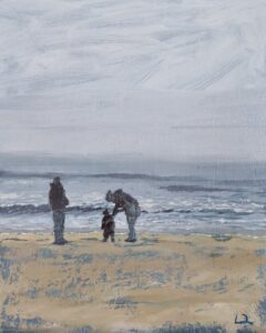 Whitley Bay Beach Oil Painting – Family in Morning Fog | Coastal Art