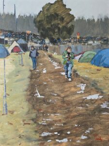 An original oil painting of early morning festival campsite, in the rain