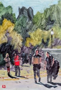 Small original oil painting of a shift change over at a festival ground