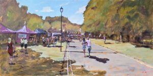 Oil painting of a festival scene at Hardwick Live near middlesbrough