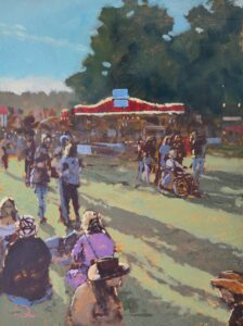 Oil painting on panel, a festival ground in late afternoon with crowds enjoying life