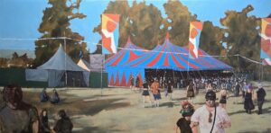 Large original oil painting on linen, featuring a festival ground and crowds enjoying the sun