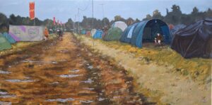 Original oil on linen painting of kendal calling campsite