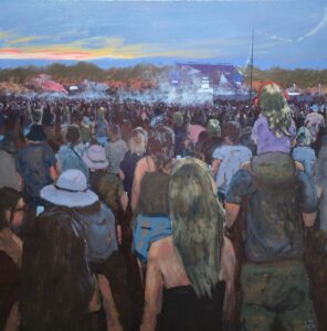 Original oil painting of a headliner act, kendal calling, crowd scene