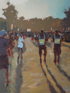 Original oil painting of festival grounds and paramedics walking in early evening light