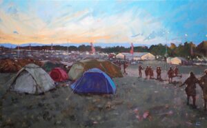 Original oil painting of kendal calling campsite grounds