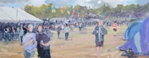 Original oil painting by artist Lewis Dimmick of a crowd scene, painted at Kendal Calling